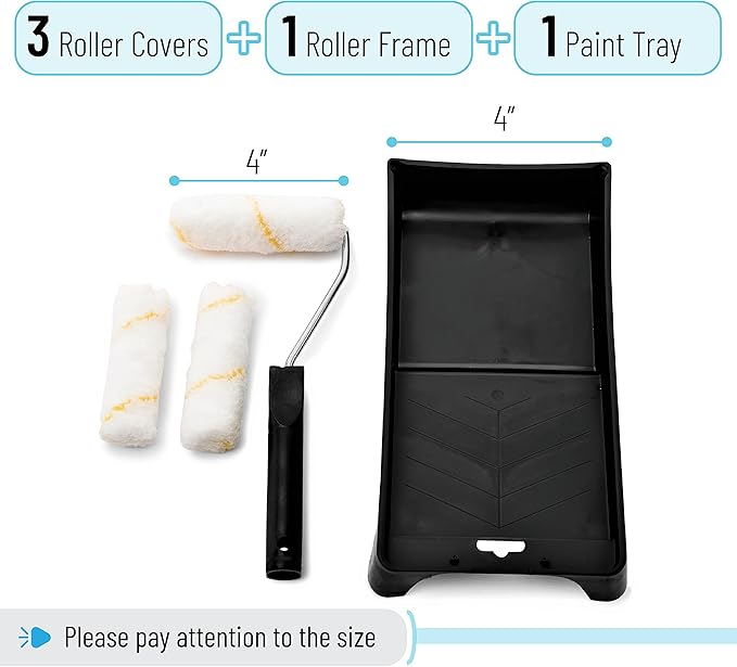 Bates- Paint Tray Set, 4 inch Paint Roller, Paint Tray, Foam Roller, Roller Brush, Small/Mini 4", House Painting Supplies, Paint Roller Covers, Roller Frame, Roller Naps