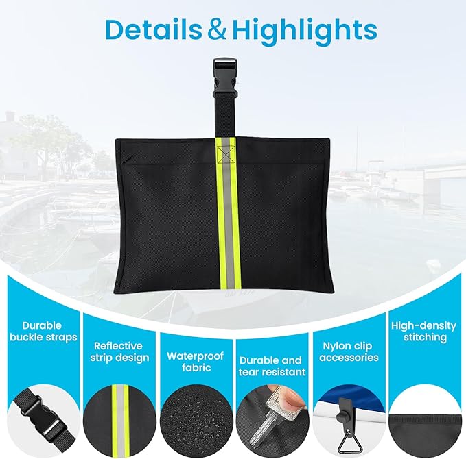 10 Pack Boat Cover Sandbags, 800D Marine Grade Polyester Fabric Reflective Sand Bag Mooring Kit, Windproof Boat Cover Weight Bags with Tarp Clip Accessories