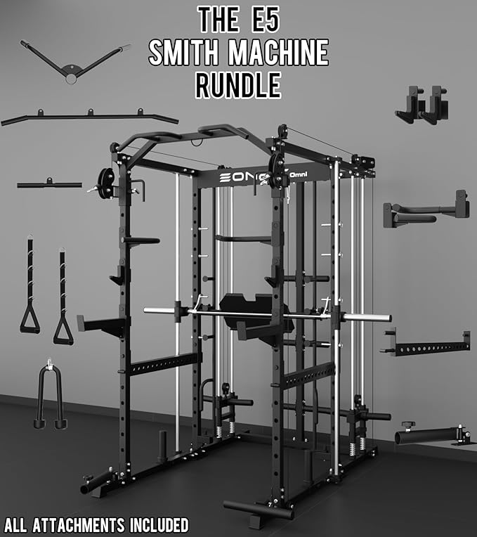 Eonfit E5 Smith Machine with Vertical Leg Press, Power Cage Squat Rack with LAT-Pull Down Cable Crossover Rotating Arms System Home Gym Equipment All in One