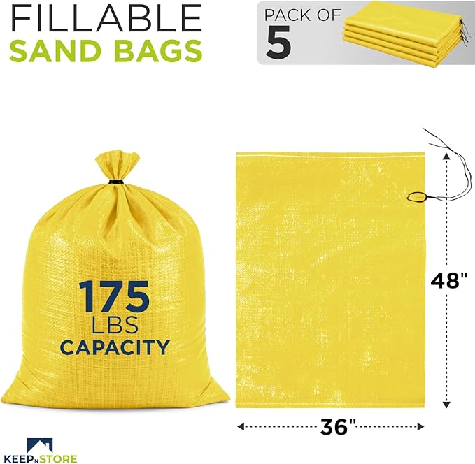 Heavy Duty Sand Bags Pack of 5, Bright Yellow Empty Sandbags with Built-In Ties, Woven Polypropylene UV Protection 1600 Hours, Fillable Bags for Flood Control, Weight, 36x48 inches, 175 Pounds Volume
