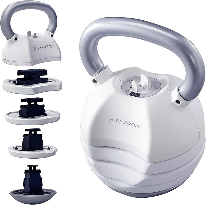 BYZOOM FITNESS Pure Series Adjustable Kettlebell 30/40/50LB - 5-IN-1 Weight Change, Patented Quick-Change Machenism, Ergonomic Curved Handle for Home Gym, Strength Training, HIIT, White OR Black