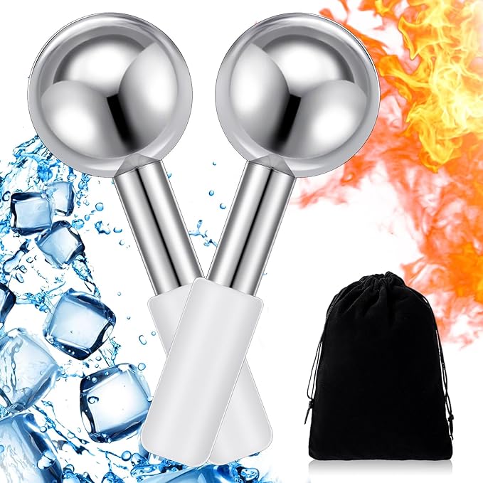 Baderke 2 Pcs Ice Globes for Face Stainless Steel Cooling Globes Unbreakable Cooling Roller Women Ice Balls Cryo Sticks Facials Skin Care for Dark Circles, Puffiness(Silver (White Handle))