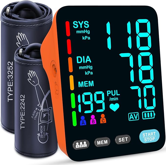 Blood Pressure Monitor, Automatic Upper Arm Blood Pressure Monitors for Home Use, 2 Blood Pressure Machine Cuff(9-17in & 13-21in) with Large LED Backlit Display, 3x199 Reading Memory Orange