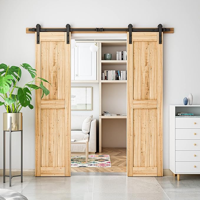 SMARTSTANDARD 7FT Heavy Duty Double Door Sliding Barn Door Hardware Kit,Smoothly and Quietly-Easy to Install-Includes Step-by-Step Installation Instruction Fit 21" Wide Door Panel