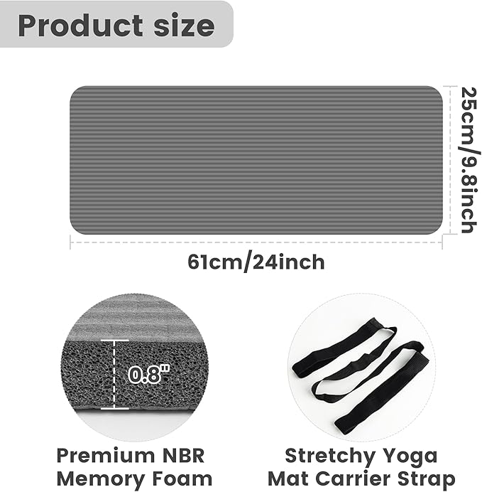 Yoga Knee Pad Cushion 0.8inch (20mm) Thick Yoga Mat with Carrier Strap for Pain Free Knees, Elbows, Wrists and Back, Workout Mats for Home Gym, Pilates, Planks, Ab Rollers (24"x10"x0.8")