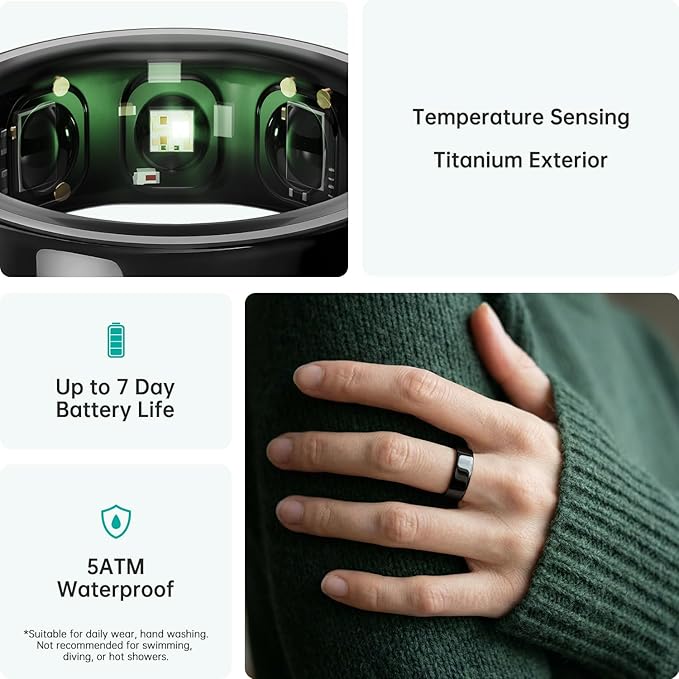 opove O Ring Smart Ring, Fitness Trackers Rings with Sleep/Stress/Heart Rate/Women's Health Monitoring, Comfortable Wearing, Up to 7 Days Using, Fitness Ring for Android & iOS, Black-Size12