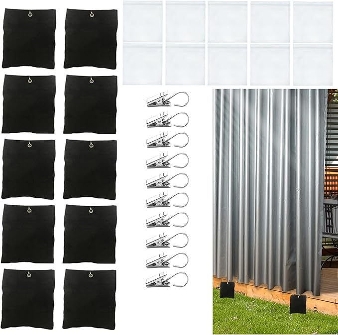 10 Pack Outdoor Curtain Weighted Blocks, 15 oz Outdoor Curtain Sandbag Weighted Bags, Curtain Bottom Weighted Bag Retainer Clips for Patio Pergola Cabana Gazebo Drapes Garden