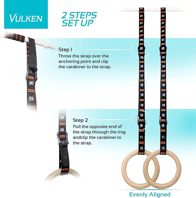 Vulken Adjustable Numbered Straps for Gymnastic Rings Carabiners Quick Hook System Easy to Set Up One Pair Strap Only