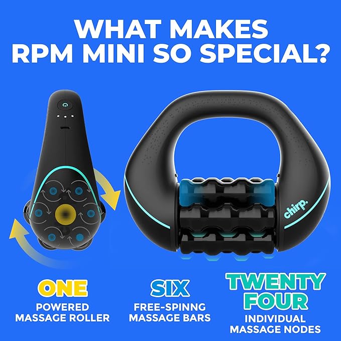 Chirp RPM Mini - Rolling Percussive Massager, Percussive Therapy, Whole Body Relief, Deep Tissue and Muscle Recovery, Percussion Massage, Rechargeable, Hands-Free Base, Powerful, 3-Speed Spin
