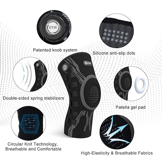 Kuangmi Knob Knee Brace for Pain Relief, Knee Support with Patella Gel Pad & Side Stabilizers, Compression Knee Sleeve for Workout, Arthritis, Joint Pain, Meniscus Tear (Black,Right,Medium,Single)