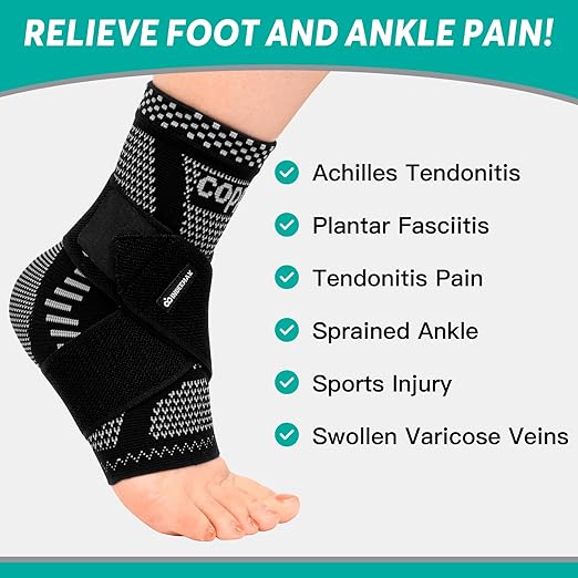 INDEEMAX Ankle Brace for Sprained Ankle Compression Sleeve, Copper Infused Ankle Support Brace for Women & Men, Plantar Fasciitis Relief Achilles Tendonitis, Sports Running, Silver Black, XL