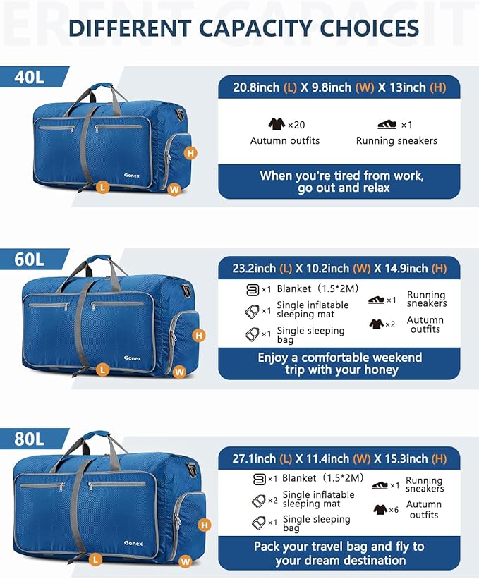 Gonex Large Foldable Travel Duffle Bag with Shoes Compartment, Packable Lightweight Water Repellent Duffel Bag for Camping Gym Weekender Bag