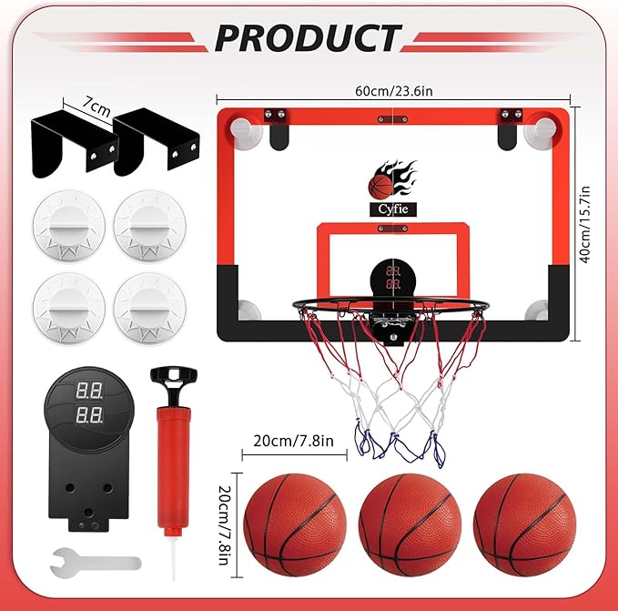CYFIE 24" x 16" Large Basketball Hoop, Suction Cup/Over The Door Basketball Hoop with Sturdy Backboard/Electronic Scoreboard,Sound,3 Balls, Basketball Toys Gifts for Adults Kids Teens Boys Girls