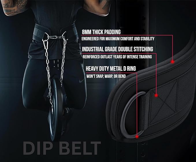 Dip Belt with Chain for Weightlifting – 42in Steel Belt Chain, 7in Padded Back Support, 400lb Capacity – Weighted Belt for Pullups, Dips, Squats – Heavy Duty Weight Belt for Men and Women