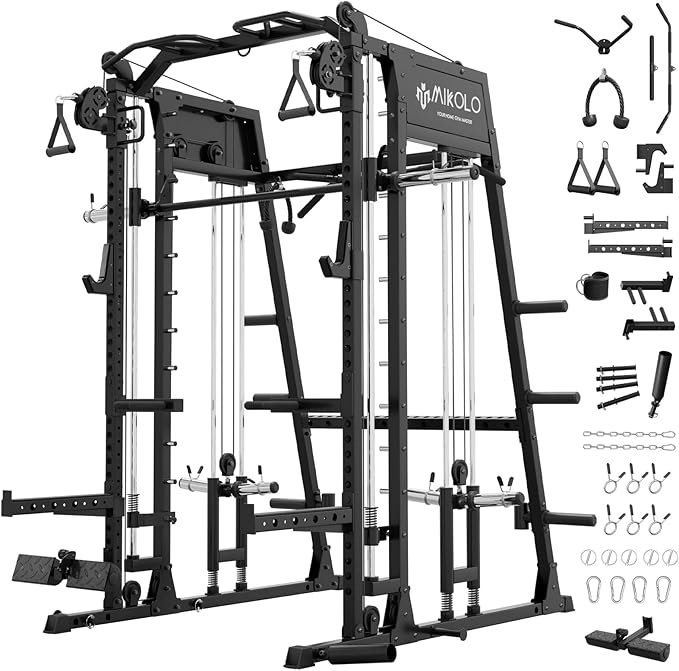 Mikolo M4 2.0 Smith Machine, 2200lbs Squat Rack with LAT-Pull Down System & Cable Crossover Machine, Training Equipment with Leg Hold-Down Attachment