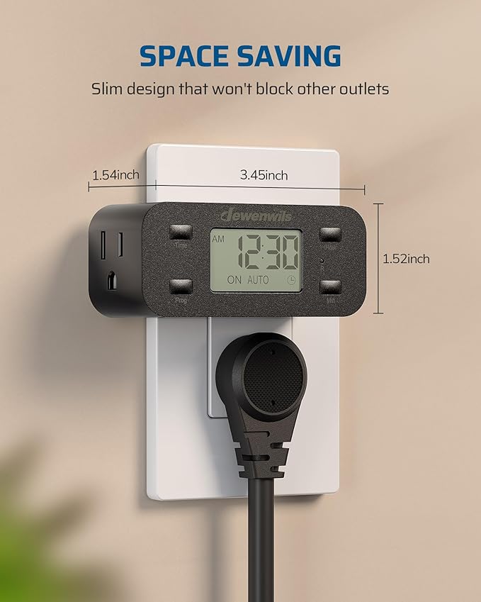 DEWENWILS 24 Hour Programmable Digital Timer Outlet with 1 Grounded Outlet, 2 Pack Timers for Electrical Outlets, 3 Prong Light Timer for Indoor Lamp Fan Aquarium, 125V/15A/1000W, 1/2 HP, Black