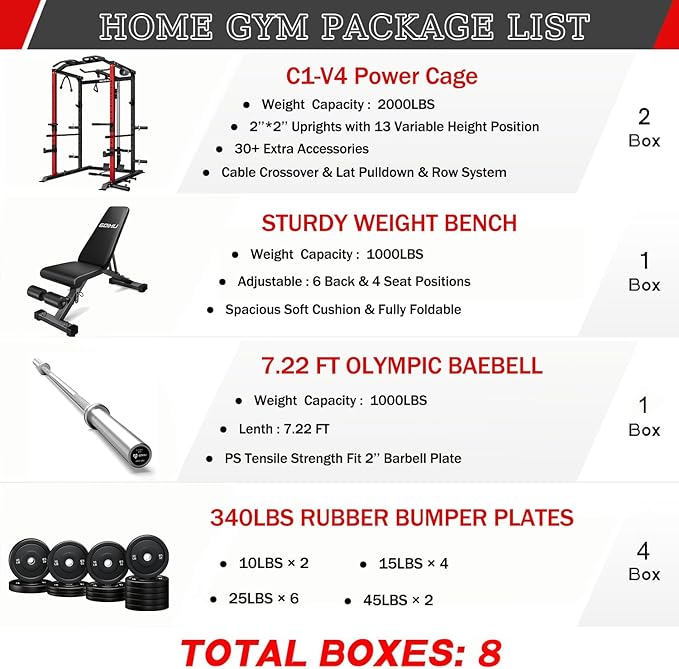 C1-V4 Power Cage, 2000LBS Squat Rack with LAT Pulldown, Multi-Function Weight Cage Strength Training Machine, Workout Cage with More Attachments for Home Gym Garage