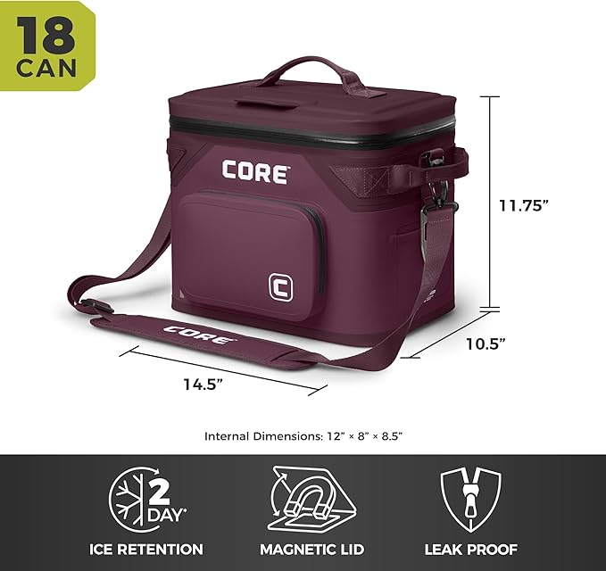 CORE Magnetic Leak Proof Soft Cooler with Waterproof Zipper | Insulated Bag Portable Ice Chest Box | Best Soft Cooler for Food & Beverages for Tailgating, Car Camping, Travel, and Family Beach Picnics