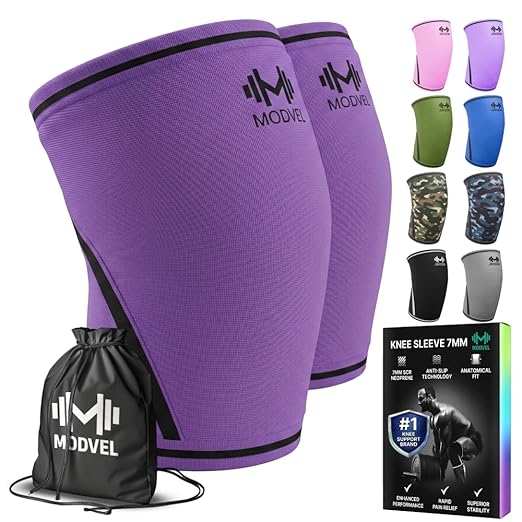 Modvel 7mm Neoprene Knee Sleeves for Men & Women Weightlifting & Powerlifting – Compression Knee Sleeve Support for Squats, Gym, Training – USPA, IPL Approved – XX-Large Purple (Pair)