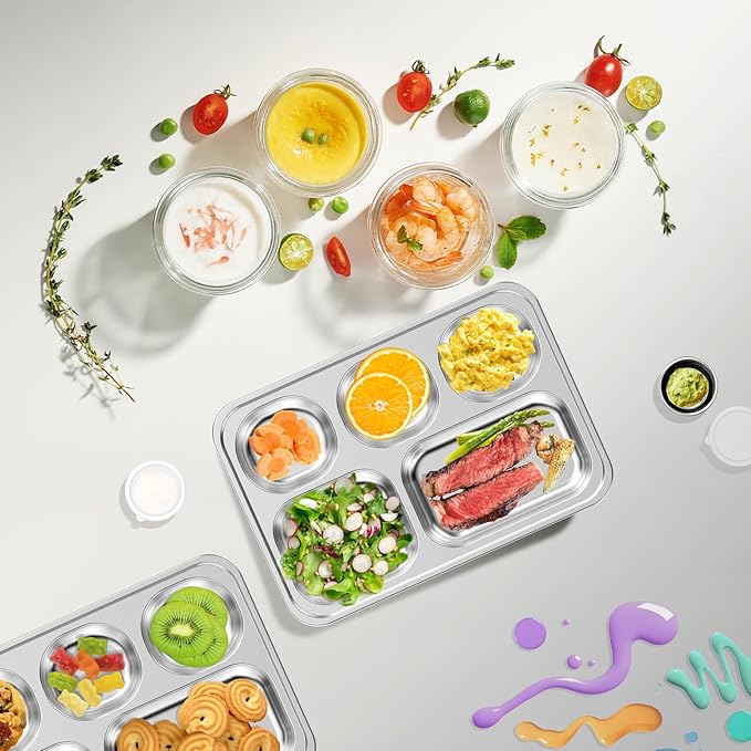 Stainless Steel Divided Plate for Kids Toddler, Non Toxic Portion Control Plate Dinner Plate with Lid for Adults Weight Loss, 2 Pack 5 Sections Rectangular Snack Plate Tray