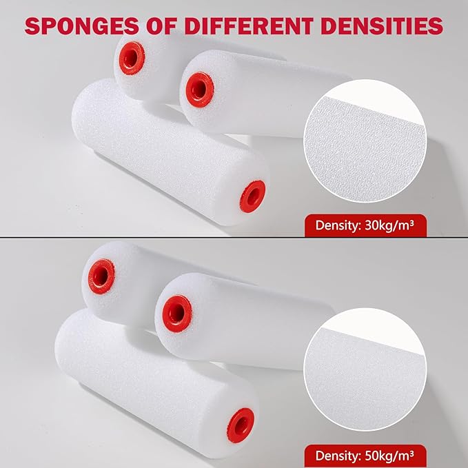 Mister Rui 4" Foam Paint Roller Covers 10-Pack, 50kg/m³ High Density - Washable & Reusable for Smooth Finish on Furniture, Cabinets, DIY Projects