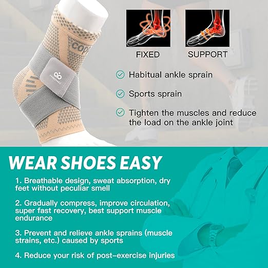 INDEEMAX Ankle Brace for Women & Men, Ankle Compression Sleeve Support Copper Infused Ankle Brace for Sprained Ankle, Plantar Fasciitis Sports, Achilles Tendonitis Pain Relief, Skin Silver, M