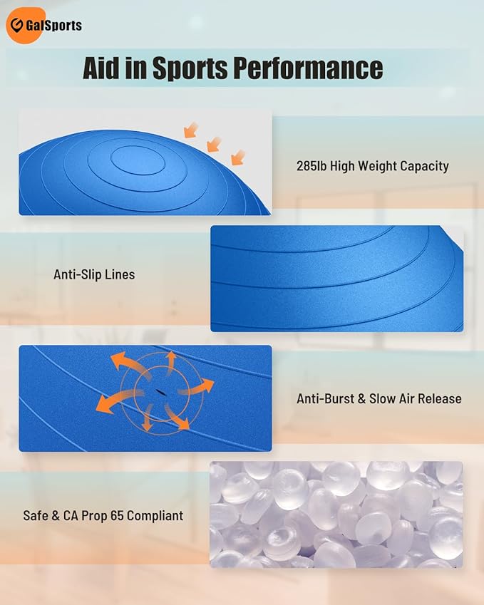 GalSports Stability Ball for Core Training & Physical Therapy – Anti-Burst, Slip-Resistant Yoga Ball for Home Gym, Pilates, Balance & Posture Improvemen