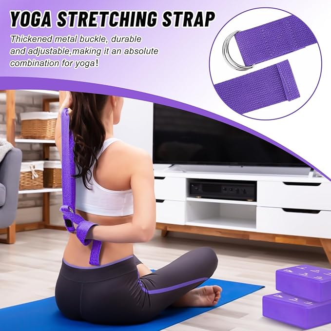 RETON 2 Pack Yoga Blocks and 2 Yoga Straps Set, Soft Non-Slip Yoga Block for Pilates, High Density EVA Foam Yoga Brick with Yoga Strap for General Fitness, Stretching, Improve Strength and Flexibility