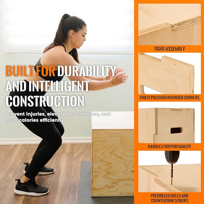 CAELUM 3-in-1 Wooden Plyo Box – Non-Slip Jump Box for Home & Gym, Heavy-Duty 400lbs Plyometric Box for Step-Ups, Squats, Strength & Agility Training