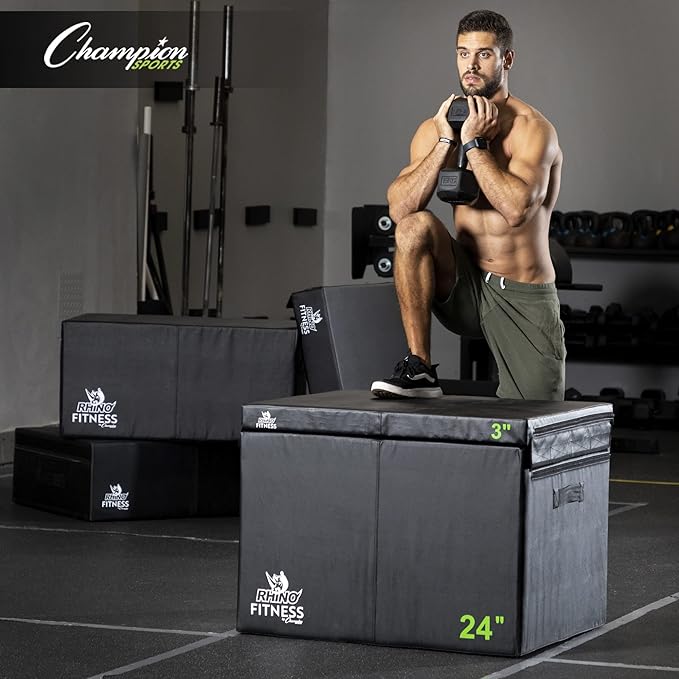 Champion Sports Foam Plyometric Box Set with 3", 6", 12", 18", and 24" Included - Durable Jump Boxes for Training with Handles, Hook and Loop Flaps - Stackable Cross Traning Plyo Box, Jumps for Gym