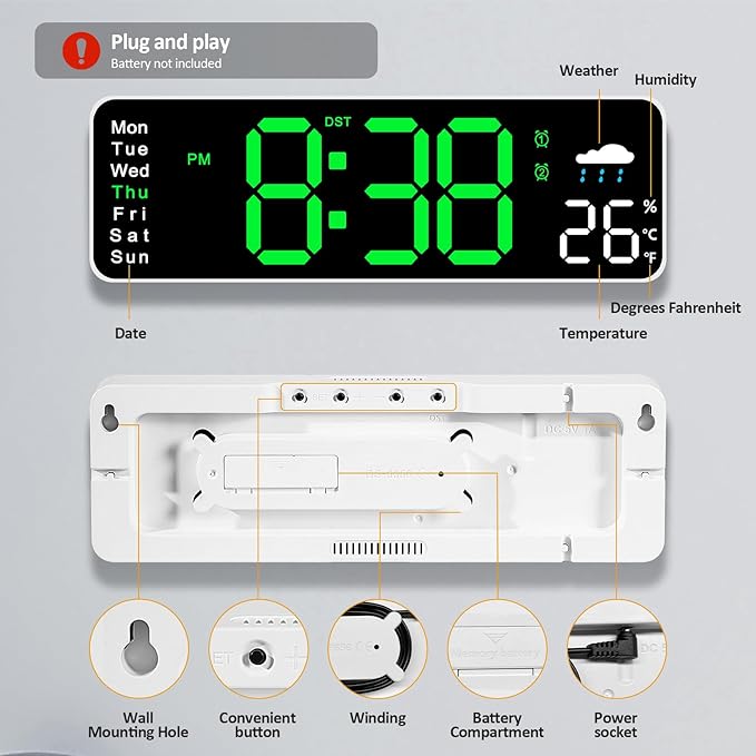Digital Wall Clock, 12" Digital Clock with Temperature, Humidity, Weatherforecast, Day of the Week, Timer, Auto-dimming, for Living Room/Classroom/Gym/Church/Shop/Garage,Green
