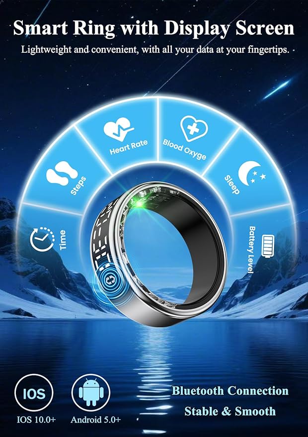 Smart Ring with LED Display，Fitness Tracker Ring, IP68 Waterproof Health Tracker Ring, Blood Oxygen & Heart Rate Monitor, Long Lasting Battery Sleep Ring for Women & Men