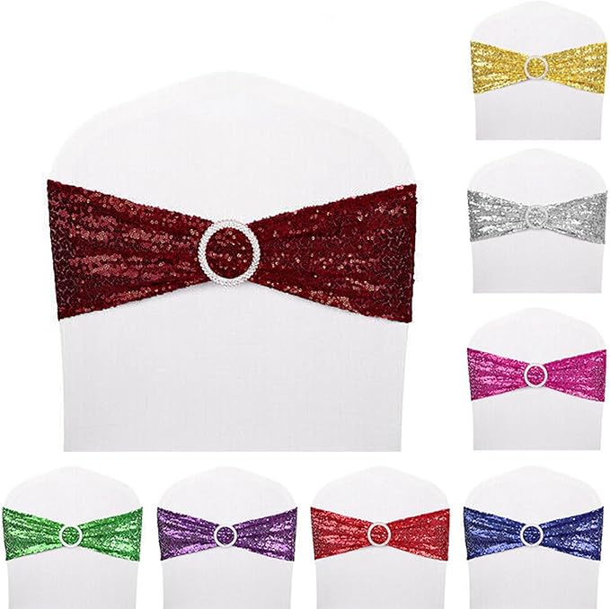 Dimatic 50 PCS Stretch Sequin Chair Sashes Chair Stretchy Spandex Bands for Wedding Reception Events Banquets Chairs Decoration (Burgundy)