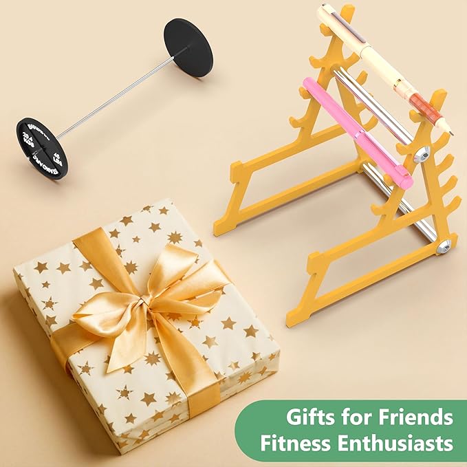 Metal Squat Rack Pen Holder with 8 Slots Mini Metal Barbell & Plastic Weight Blocks Holder Mini Barbell Desk Toy Funny Office Decor for Men Women Cool Pen Holder Gifts for Men (Yellow)