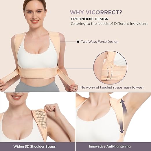 Vicorrect Posture Corrector for Women and Men, Adjustable Upper Back Brace for Clavicle Support and Providing Pain Relief from Neck, Shoulder, and Upper Back (Beige, Small/Medium)