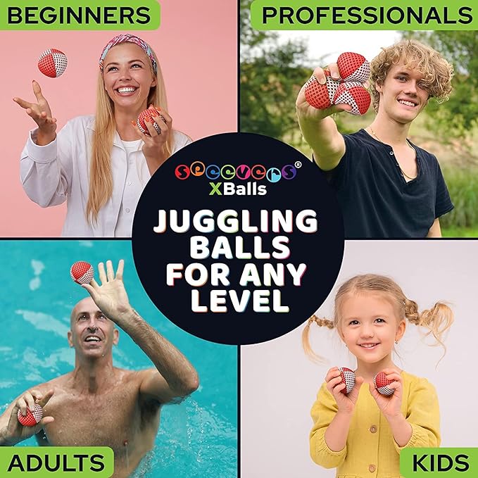 speevers Juggling Balls for Beginners and Professionals Set of 3, 14 Colors Available, 2 Layers of Net and Carry Case, Xballs Juggling Balls (Red - White, 2.5 oz)