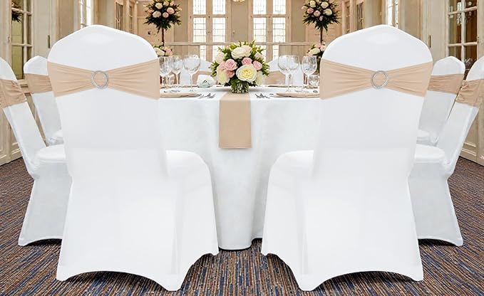 MDS Pack of 10 Spandex Chair Sashes Bow Premium Stretch Chair Cover Band with Buckle Slider Universal fits Elastic Dining Chair Ties for Wedding Party Banquet Events Decoration - Champagne Gold
