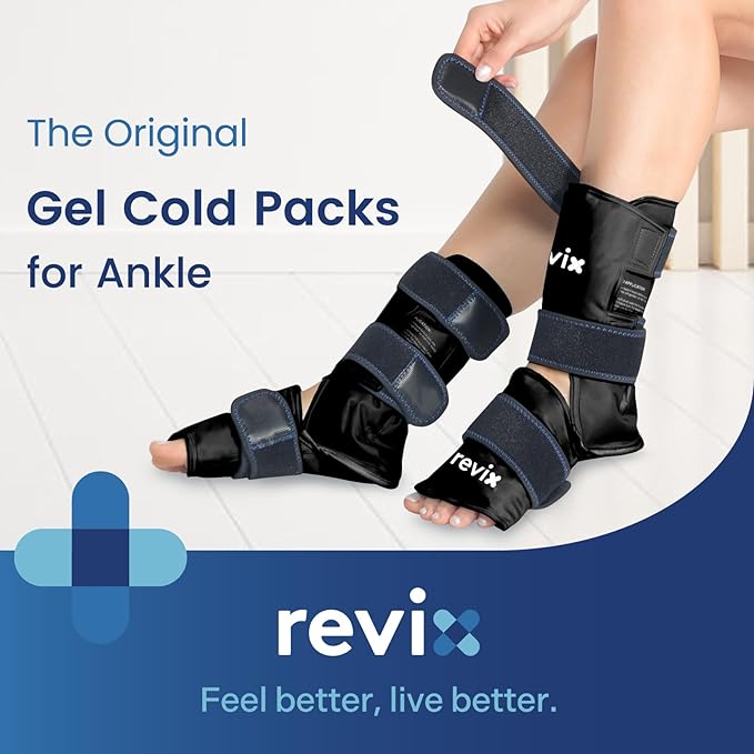 REVIX Ice Packs for Ankle Injuries Reusable, Ankle Ice Wrap with Cold Compression for Feet Pain Relief, Plantar Fasciitis and Achilles Tendonitis, Soft Plush Lining, 2 Packs, Black