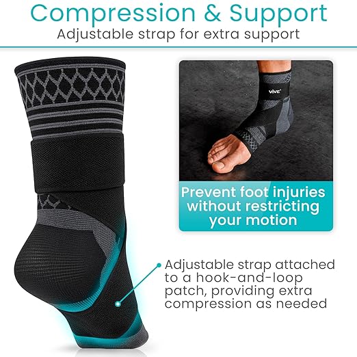Vive Ankle Compression Sleeves with Straps - Brace for Women and Men - Support Wrap for Achilles Tendonitis, Sprains, Plantar Fasciitis, Pain Relief - 2 Pack (Medium)