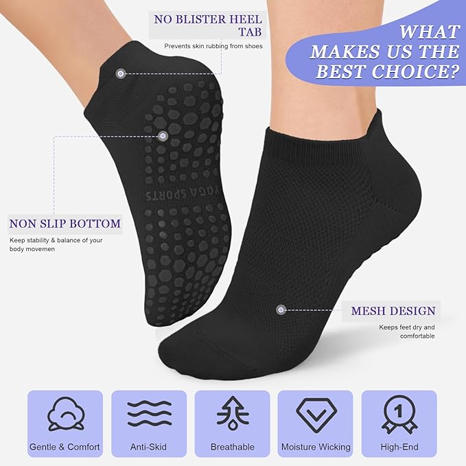yeuG Pilates Socks for Women Non Slip Grip Socks for Yoga, Barre, Hospital, Barefoot Grippy Yoga Sock Womens Gifts 4 Pairs