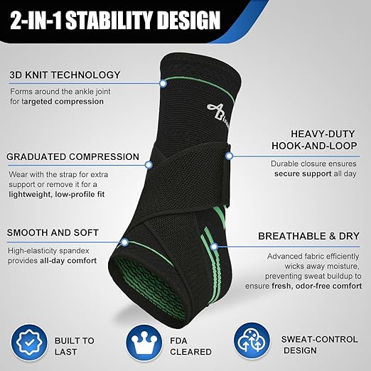 ABIRAM Ankle Brace for Men & Women - Adjustable Compression Sleeve with Wrap, Ion-Matrix Support for Sprained Ankle, Plantar Fasciitis, Achilles Tendonitis Relief - Breathable Gear for Running, Sports