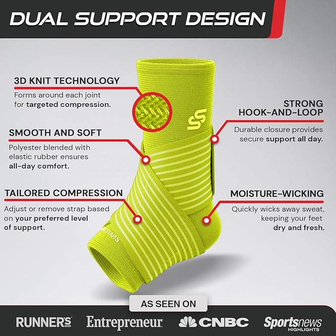 Sleeve Stars Ankle Brace for Women & Men, Ankle Wrap for Sprained Ankle, Compression Sleeve for Plantar Fasciitis Relief, Easy Customizable Support: w/ Removable Strap (Pair/M:10"-12"/Neon Yellow Green)