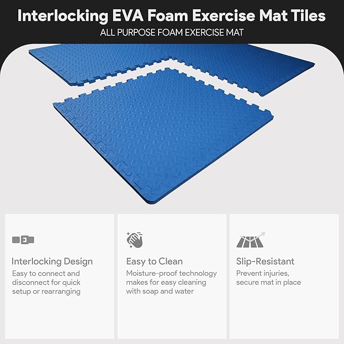 BalanceFrom Puzzle Exercise Mat 3/4' Thick, EVA Interlocking Foam Floor Tiles for Home Gym, Mat for Home Workout Equipment, Floor Padding for Kids, Blue, 24 in x 24 in x 3/4 in, 24 Sq Ft - 6 Tiles