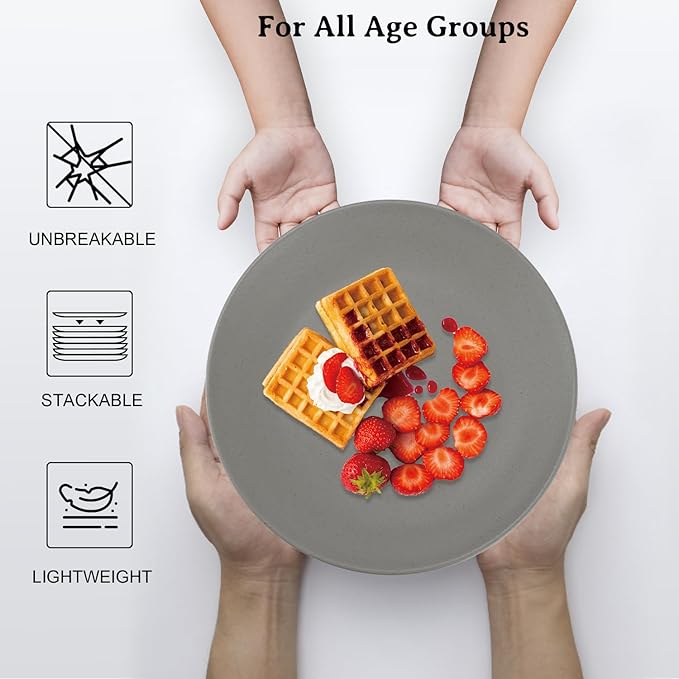 Wrova Wheat Straw Dinner Plates 9 Inch Unbreakable Set of 8 - Dishwasher & Microwave Safe Plastic Plates Reusable - Lightweight Plates for Kitchen,Camping,Apartment,Dorm,RV,Party - Black to Grey