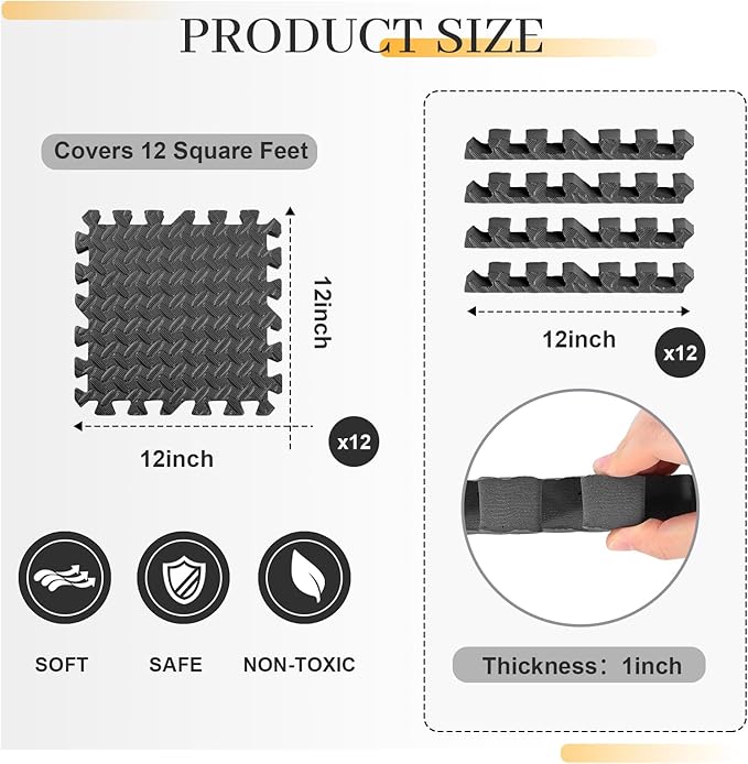 Arrowbash 12x12x1 Inch EVA Thick Interlocking Foam Floor Tiles Puzzle Exercise Mat Foam Mats for Home Gym Pets(Black,12)