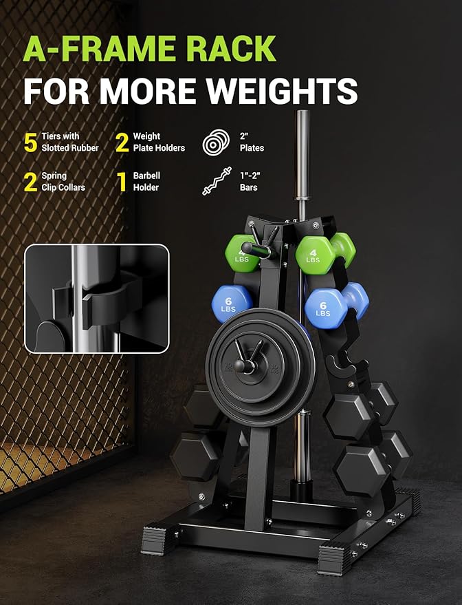 YOLEO 5-Tier A-Frame Dumbbell Rack Stand, Heavy-Duty 3-in-1 Weight Rack for Dumbbells, Barbells & Plates, Space-Saving Home Gym Organizer, 1100LBS Capacity, 19.5"x24.6"x30.7" (Rack Only)