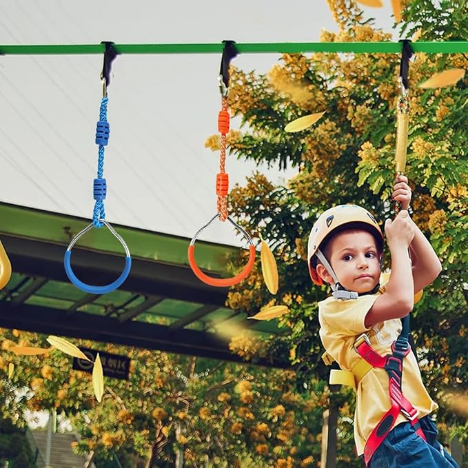 Multi-Color Ninja Rings & Monkey Bars - Adjustable Backyard Obstacle Course for Kids & Adults, Heavy-Duty Gymnastic Swing Rings, Ninjaline Slackline Training Kit (Blue)