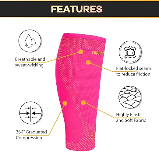 Copper Calf Compression Sleeves for Men & Women - High Stretch Graduated Compression with Anti-Slip Grip | Breathable & Smooth Lining Footless Design for Runners, Shin Splints, Leg Fatigue & Travel (Pink, XX-Large)