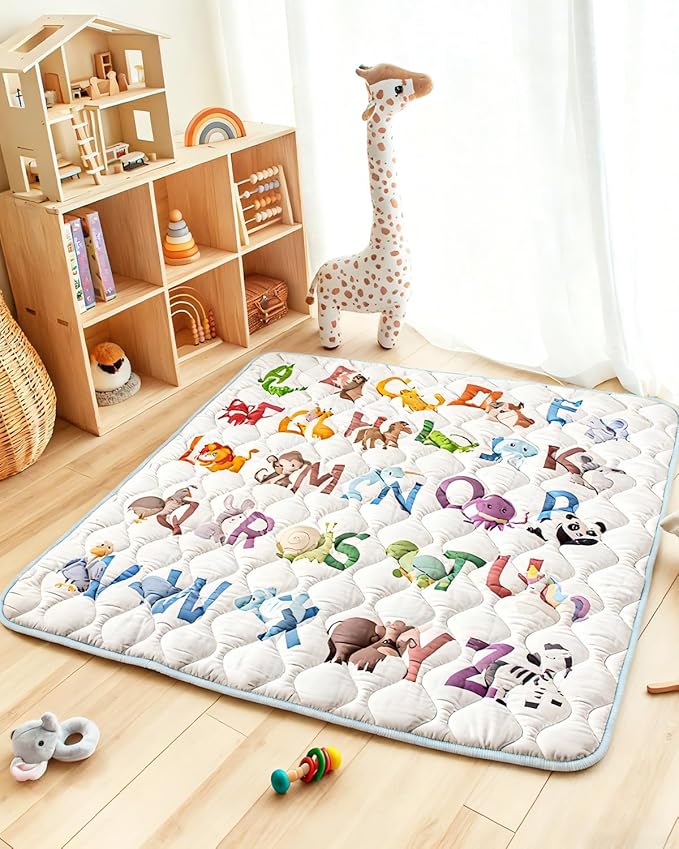 Baby Play Mat, 47x47 Mat with Super Soft Touch, Activity Mats with Upgraded Anti-Slip Bottom, Machine Washable Crawling Playmat for Floor & Picnic(Animal Alphabets)