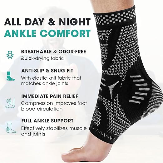 INDEEMAX Ankle Brace Compression Sleeve for Women & Men, Ankle Support Copper Infused Ankle Brace for Sprained Ankle, Plantar Fasciitis Sports, Achilles Tendonitis Pain Relief, Sliver Black, S